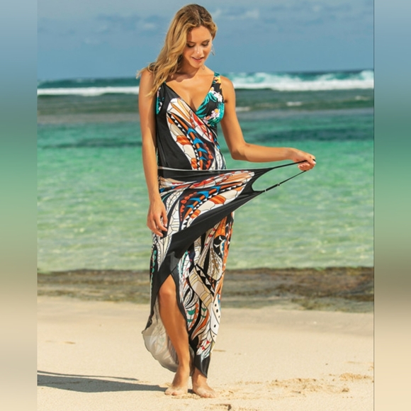 Colorful Art Cat Swim Cover Up Convertible Spaghetti Strap Swimwear Dress Sarong - Picture 7 of 11